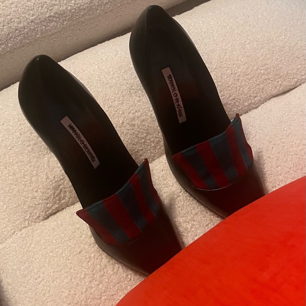 Manolo Blahnik Black Heels with Red and Blue Stripes - Picture 12 of 15